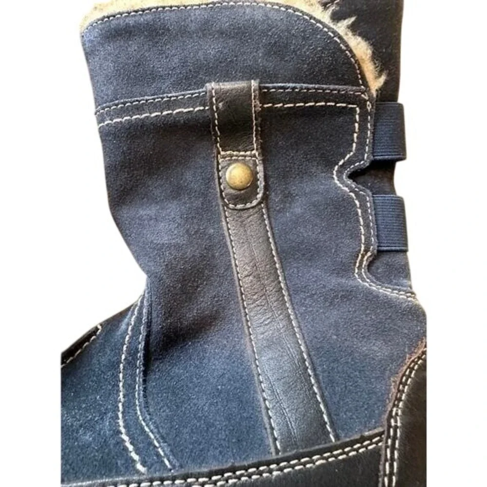 Navy Blue Suede Mid-Calf Winter Boots Faux Fur Lined Zipper‎ Detail Womens